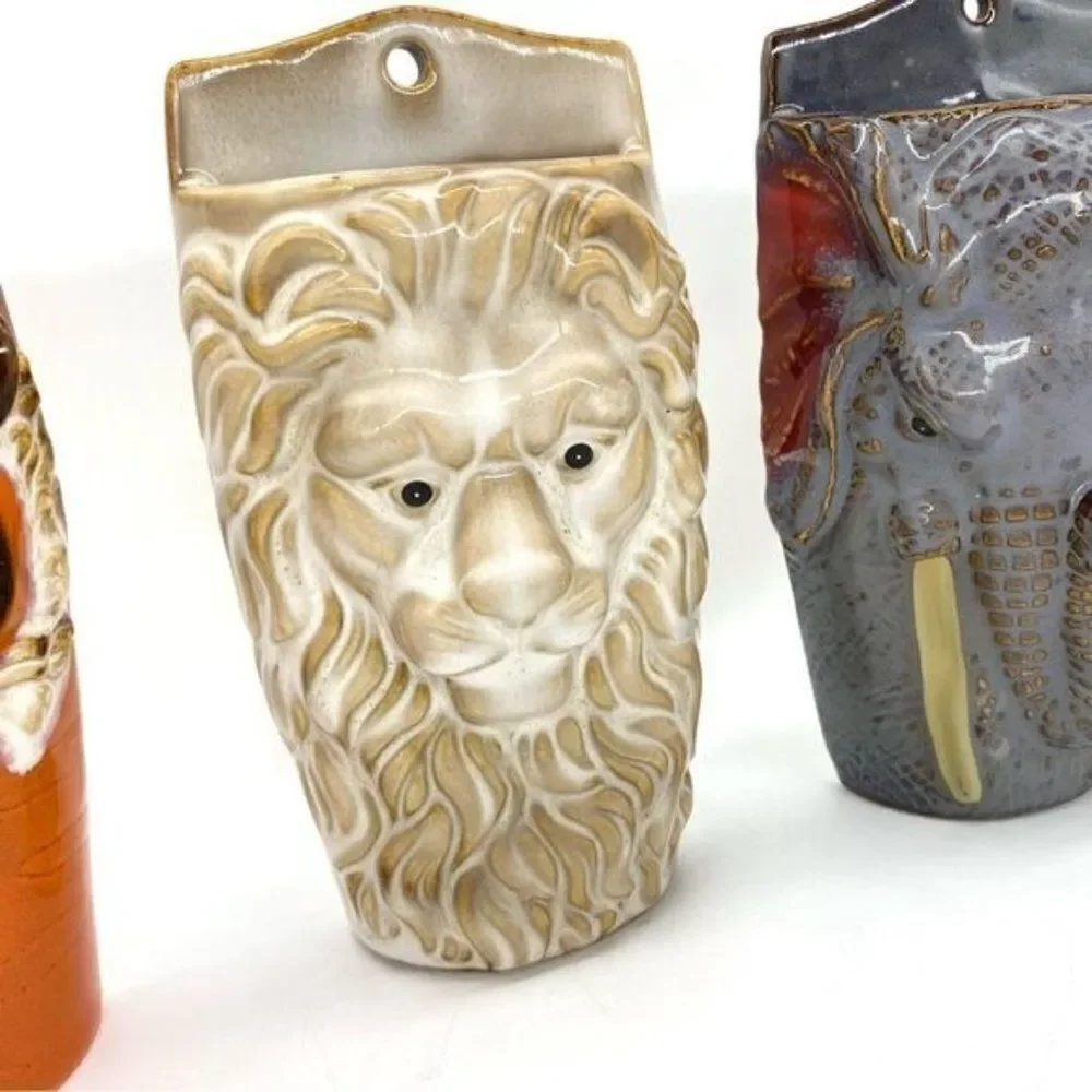 Safari Animals Tiger, Lion and Elephant Head Wall Pocket Vases